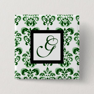 GREEN WHITE DAMASK BLACK SQUARE MONOGRAM 15 CM SQUARE BADGE