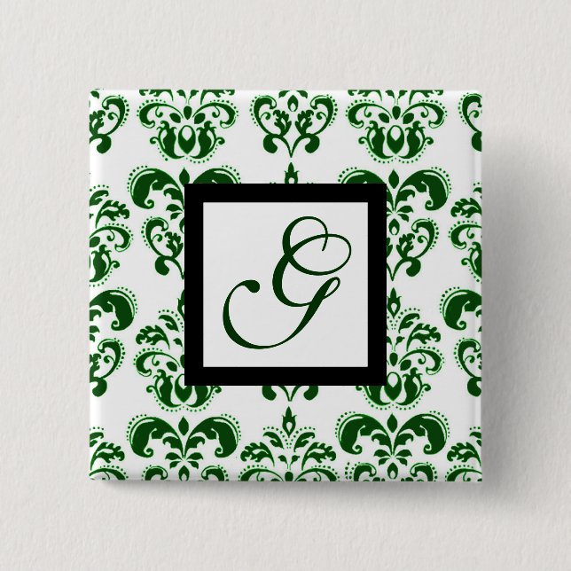 GREEN WHITE DAMASK BLACK SQUARE MONOGRAM 15 CM SQUARE BADGE (Front)