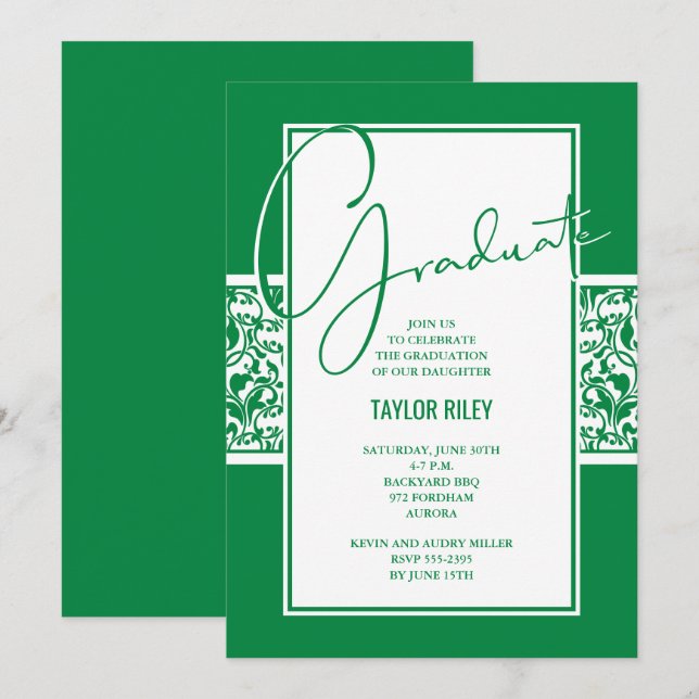 Green White Damask Graduation Party Invitation (Front/Back)