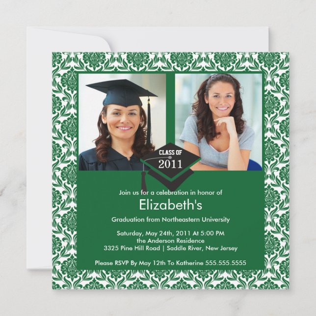 Green & White Damask Photo Graduation Invitation (Front)