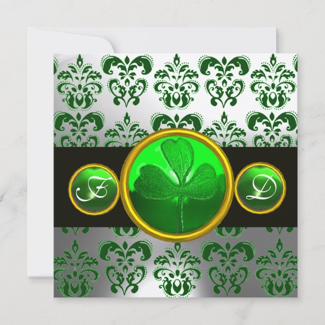 GREEN WHITE  DAMASK ,SHAMROCK MONOGRAM,Black Invitation (Front)