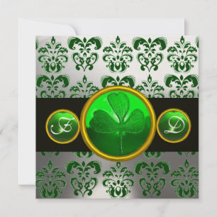 GREEN WHITE  DAMASK ,SHAMROCK MONOGRAM,Black Invitation
