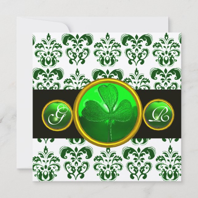 GREEN WHITE DAMASK ,SHAMROCK MONOGRAM Champagne Invitation (Front)