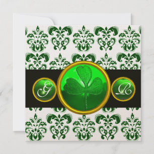 GREEN WHITE DAMASK ,SHAMROCK MONOGRAM Champagne Invitation