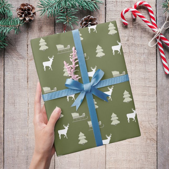 Green white deer pinetree sled pattern Christmas Wrapping Paper (Creator Uploaded)