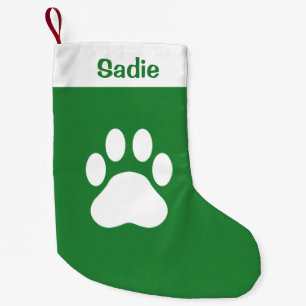 Green & White Dog Paw Silhouette With Custom Name Small Christmas Stocking