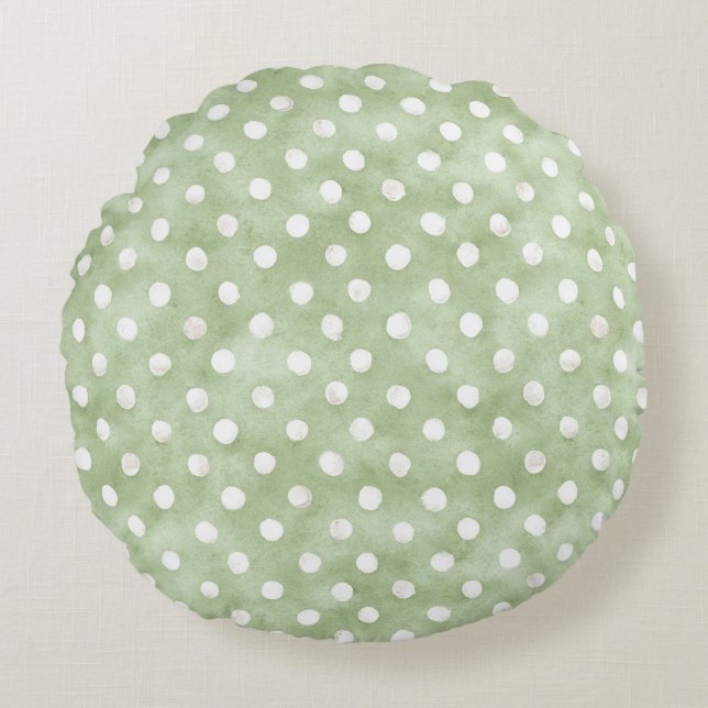 Green White Dots Stripes Round Cushion (Front)