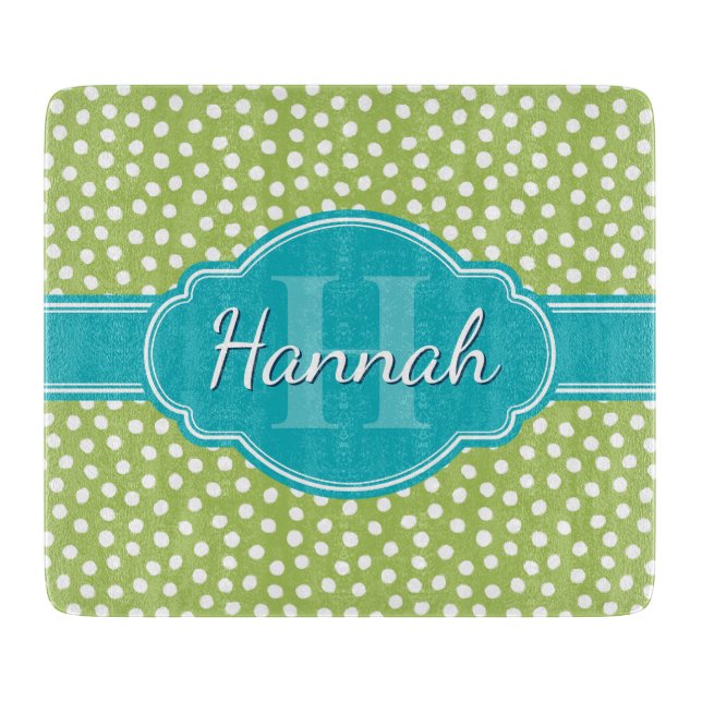 Green White Dotted Pattern Teal Monogram Cutting Board (Front)