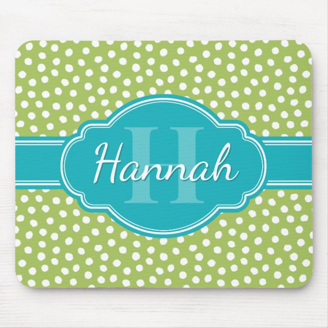 Green White Dotted Pattern Teal Monogram Mouse Mat (Front)