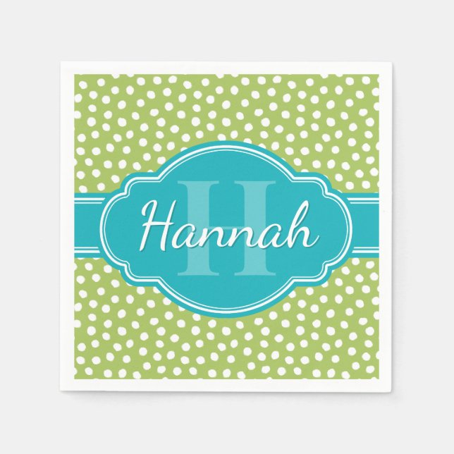 Green White Dotted Pattern Teal Monogram Napkin (Front)