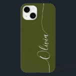 Green White Elegant Calligraphy Script Name Case-Mate iPhone 14 Case<br><div class="desc">Green White Elegant Calligraphy Script Custom Personalised Name iPhone 14 Smart Phone Cases features a modern and trendy simple and stylish design with your personalised name in elegant hand written calligraphy script typography on a green background. Designed by ©Evco Studio www.zazzle.com/store/evcostudio</div>