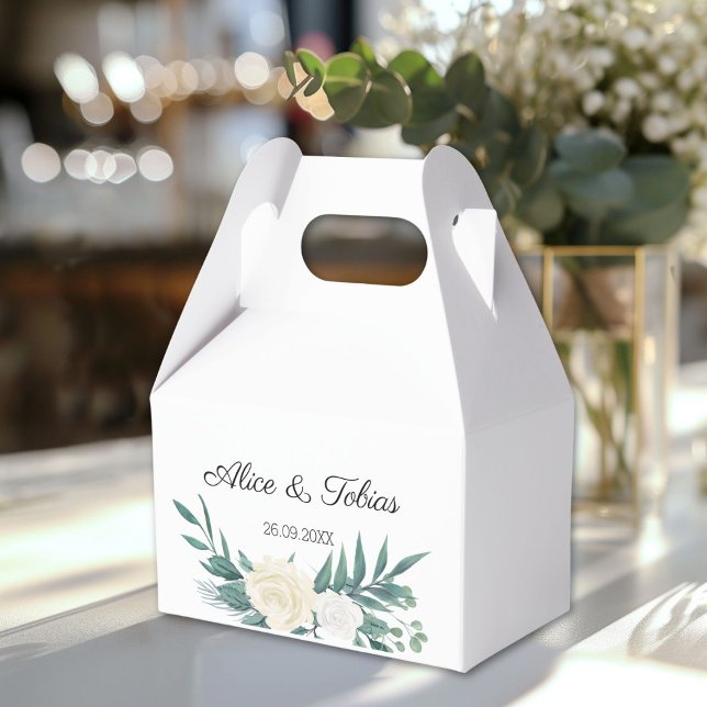 Green & White Elegant Floral Wedding  Favour Box (Elegant flowers Green White Favor Boxes with your names and date.)
