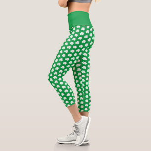 Green White Elegant Irish Shamrock Clover Pattern Capri Leggings