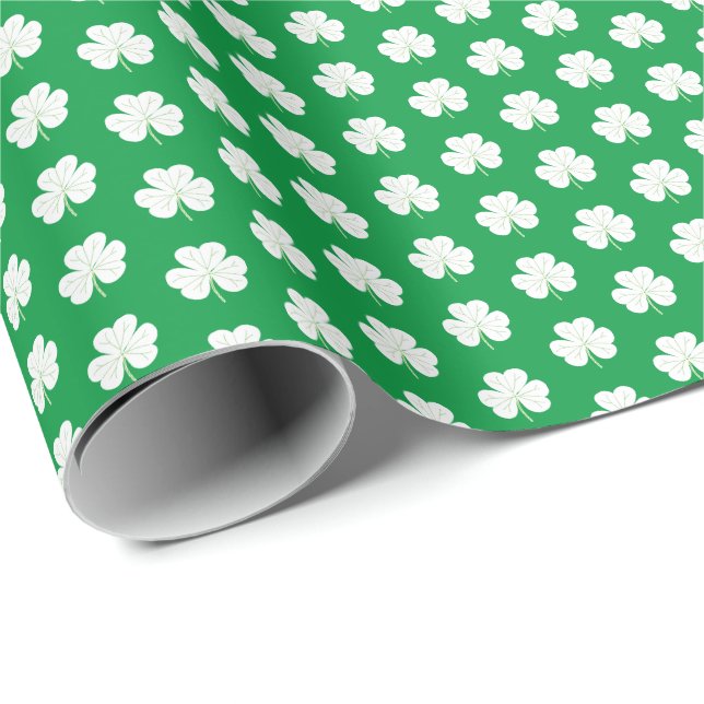 Green White Elegant Irish Shamrock Clover Pattern Wrapping Paper (Roll Corner)
