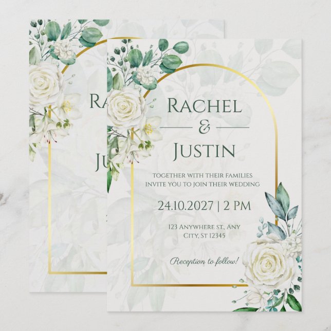 Green White Elegant Wedding Invitation (Front/Back)