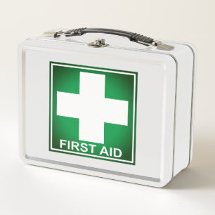 Green & White First Aid Kit  Metal Lunch Box