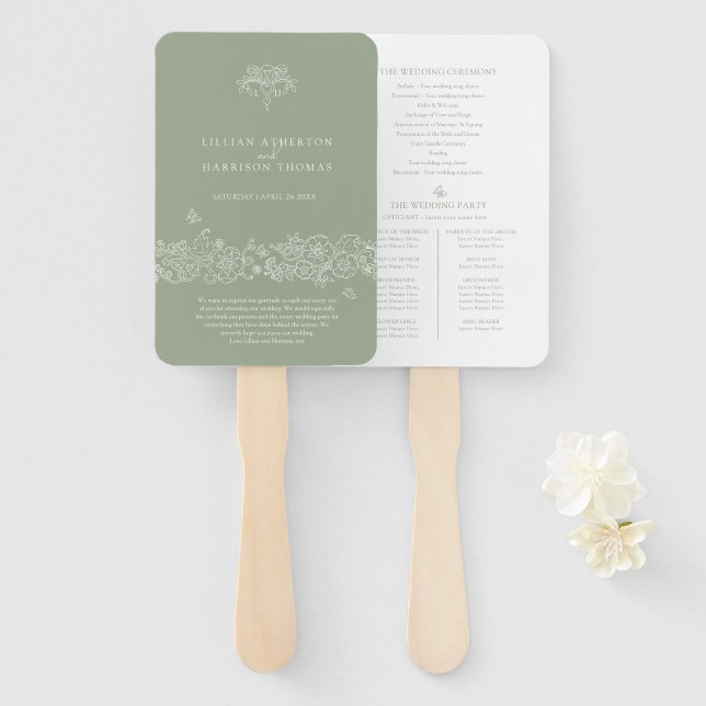 Green white fleur de lis wedding program thanks hand fan (Front and Back)