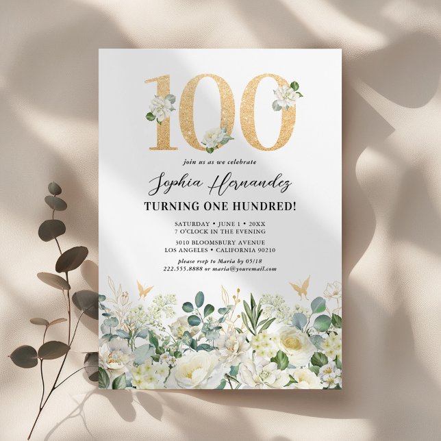 Green & White Floral 100th Birthday Party Invitation (Creator Uploaded)