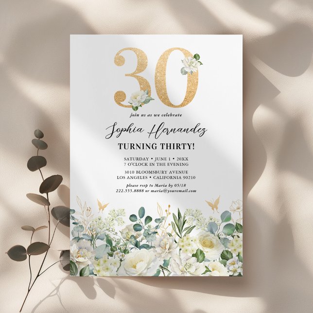 Green & White Floral 30th Birthday Party Invitation (Creator Uploaded)