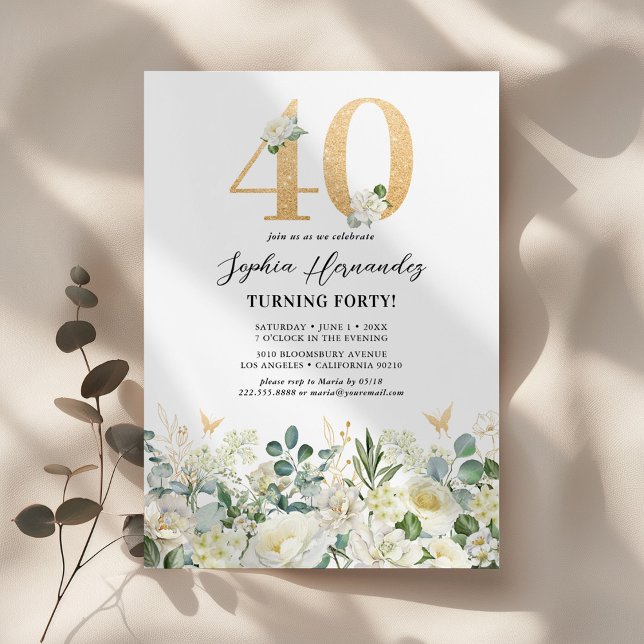 Green & White Floral 40th Birthday Party Invitation (Creator Uploaded)