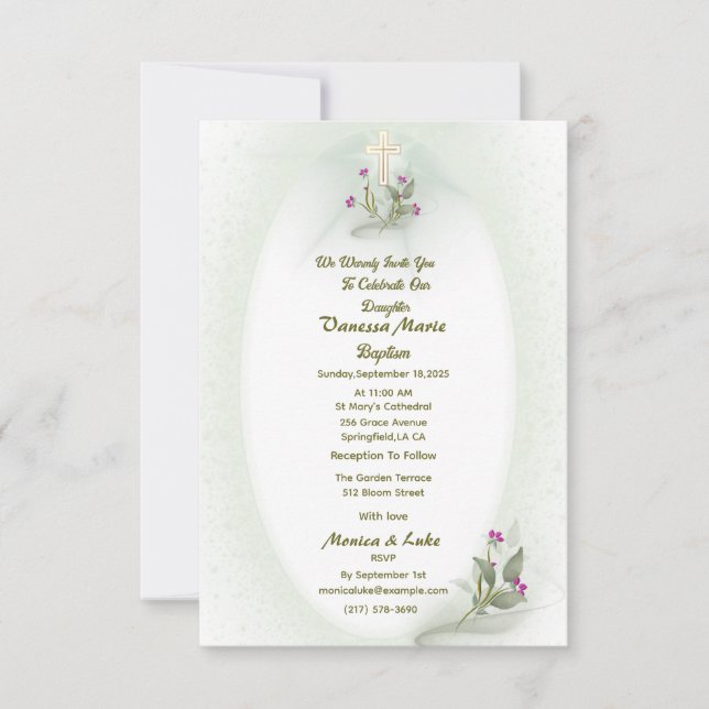 Green&White floral Baptism invitation flat card  (Front)