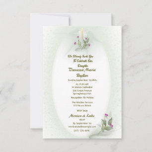 Green&White floral Baptism invitation flat card 