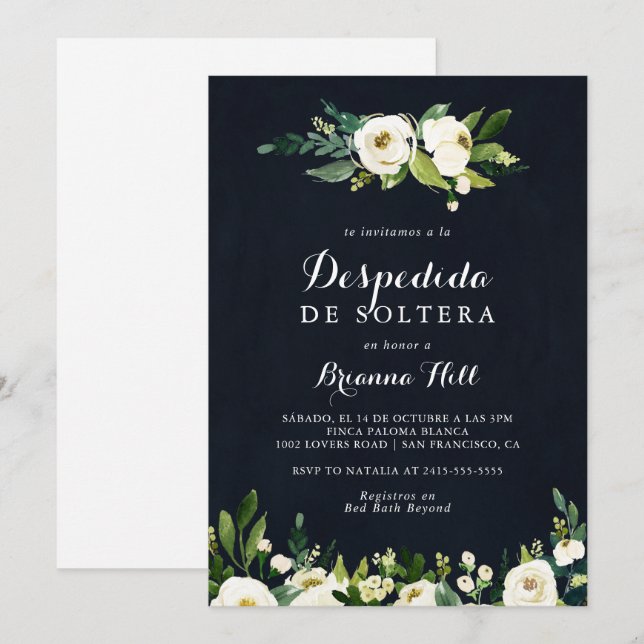 Green White Floral Blue Spanish Bridal Shower Invitation (Front/Back)