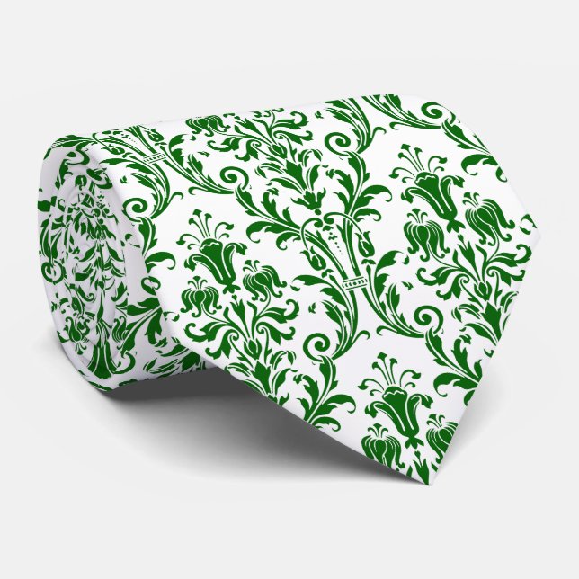 Green White Floral Damask Tie (Rolled)