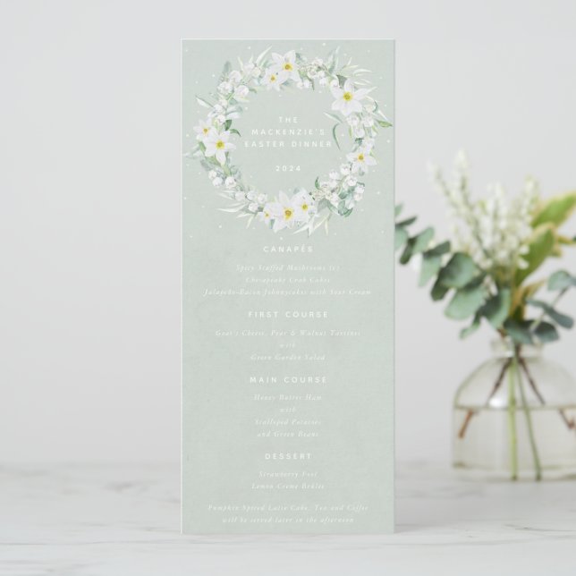 Green White Floral Easter Wreath Flat 4 Course Menu (Standing Front)