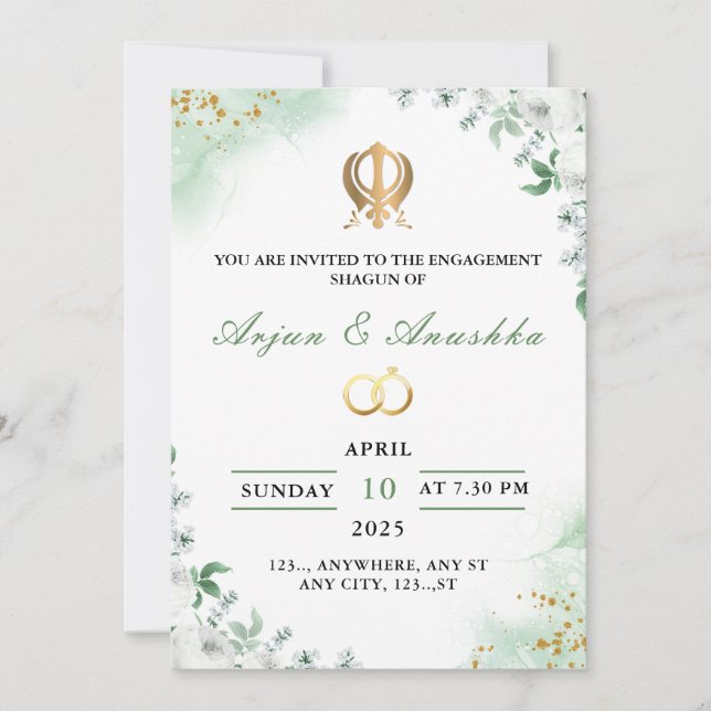 Green & White Floral Engagement Invitation Card (Front)