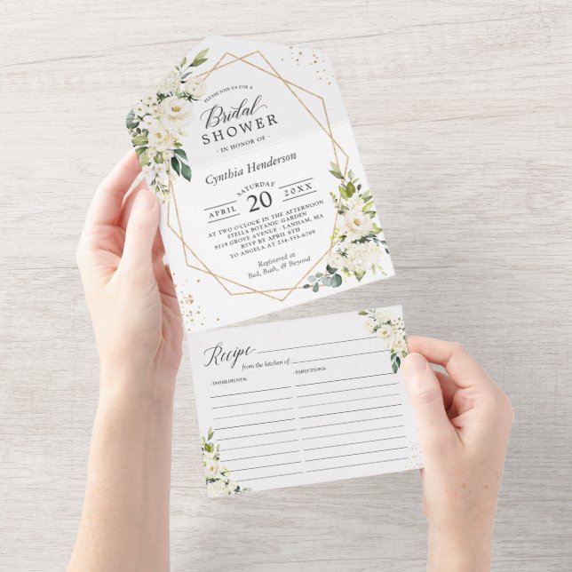 Green White Floral Geometric Bridal Shower Recipe All In One Invitation (Tearaway)