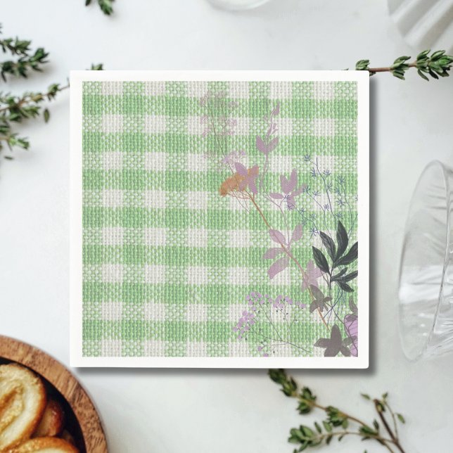 Green White Floral Gingham Plaid Country Farmhouse Napkin (Creator Uploaded)