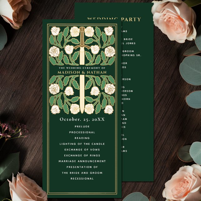 Green White Floral Gold Sword Royal Wedding Programme (Creator Uploaded)
