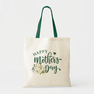 Green White Floral Happy Mother's Day Tote Bag