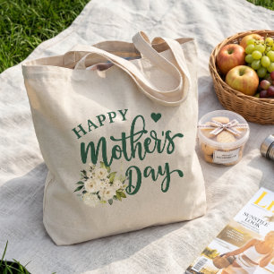 Green White Floral Happy Mother's Day Tote Bag
