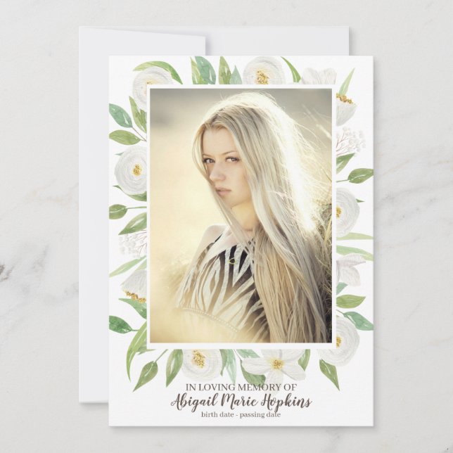 Green & White Floral In Loving Memory Funeral Thank You Card (Front)