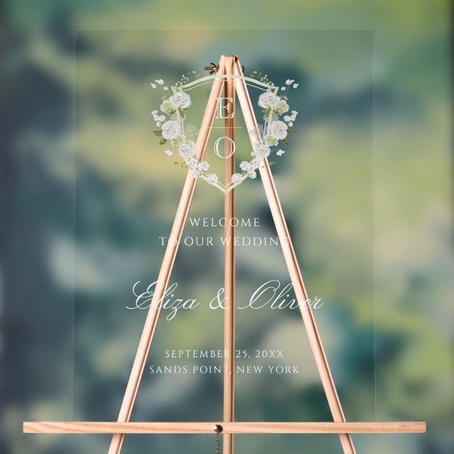 Green White Floral Monogram Crest Wedding Welcome Acrylic Sign (Neutral)