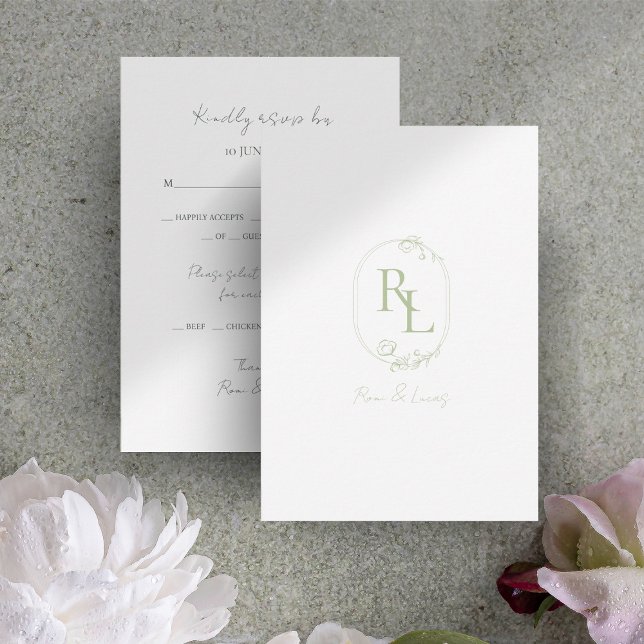Green & White Floral Monogram Wedding  RSVP Card (Creator Uploaded)