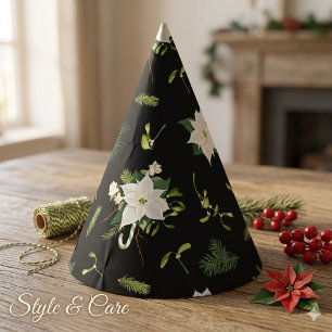 Green White Floral Pattern Black Party Hat