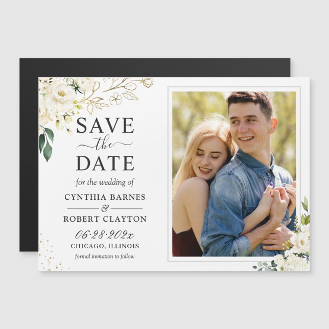 Green White Floral Photo Save the Date Magnet (Front/Back)