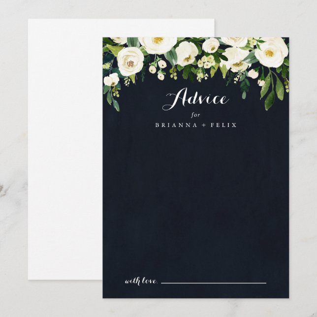 Green White Floral Royal Blue Calligraphy Wedding  Advice Card (Front/Back)