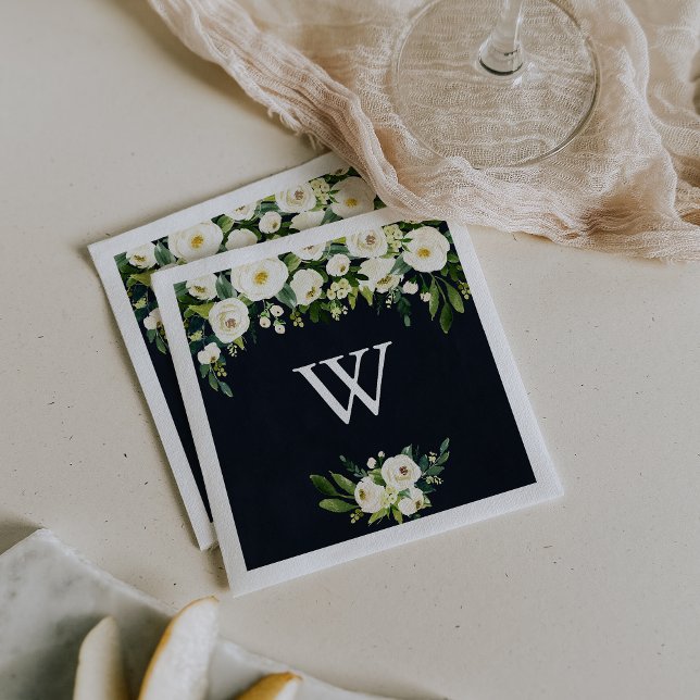 Green White Floral Royal Blue Monogram Wedding Napkin (Creator Uploaded)