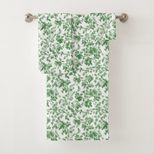 Green White Floral Toile Chinoiserie Vintage  Bath Towel Set