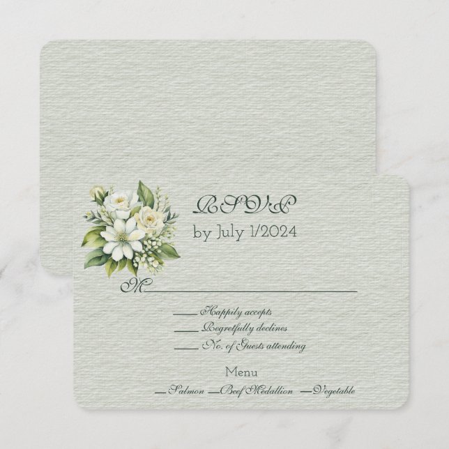 Green White Floral Wedding Bouquet  RSVP Card (Front/Back)