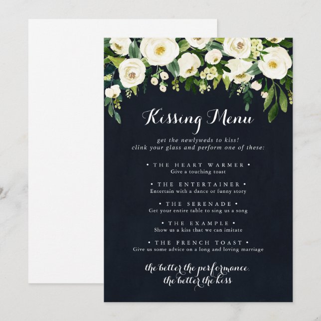 Green White Floral Wedding Kissing Menu Game Card (Front/Back)