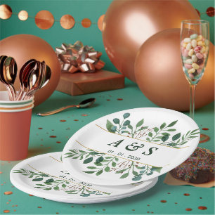 Green White Floral Wedding Paper Plate