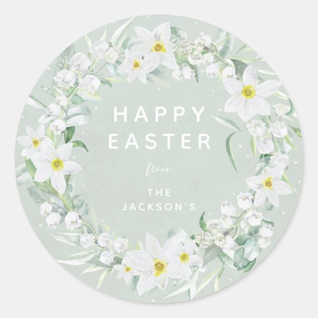 Green + White Floral Wreath Easter Message Classic Round Sticker (Front)