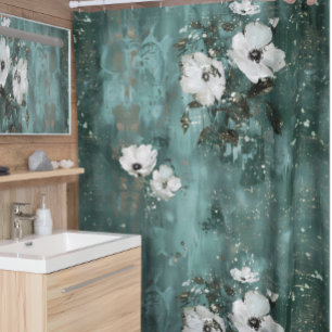 Green White Flower Floral  Shower Curtain