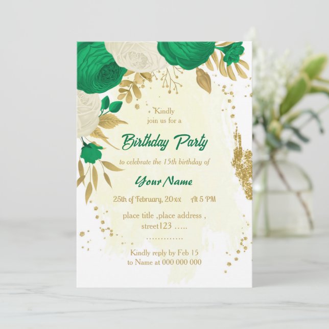 green & white flowers gold birthday party invitation (Standing Front)