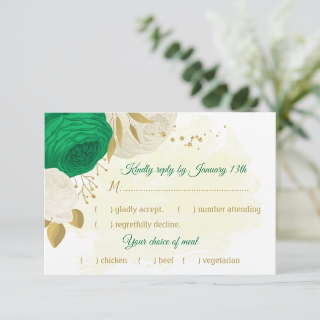 green white flowers gold botanical meal choice RSVP card (Standing Front)